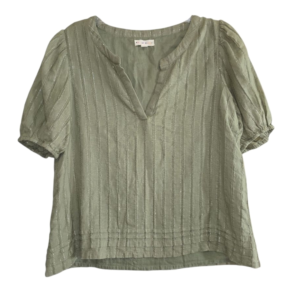 Roller Rabbit V-neck Puff Sleeve Muted Green Boxy Top Shirt Medium Sliver Thread